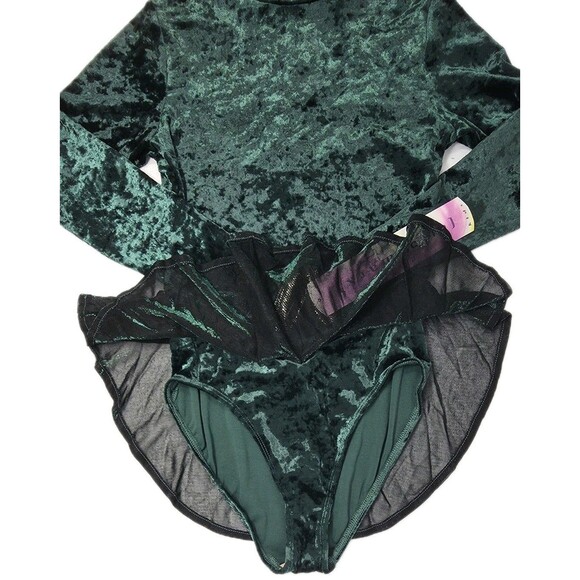 Gilda Marx VTG Crushed Velvet High Neck Glitter LS Leotard Dress Green XS (Y/J) - Picture 4 of 13